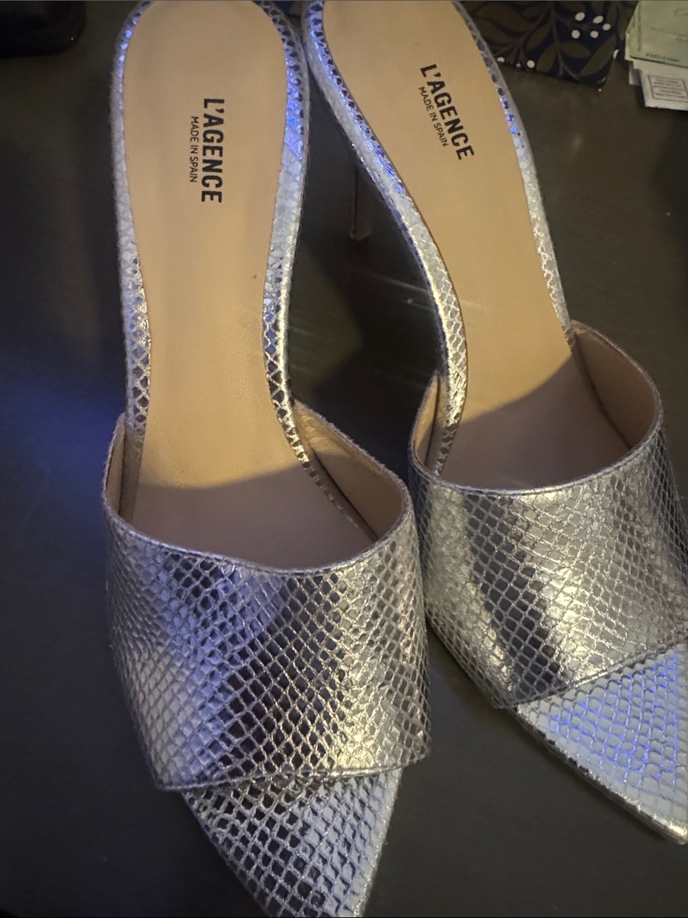 L'AGENCE Silver Snakeskin-Texture Pointed Toe Mules